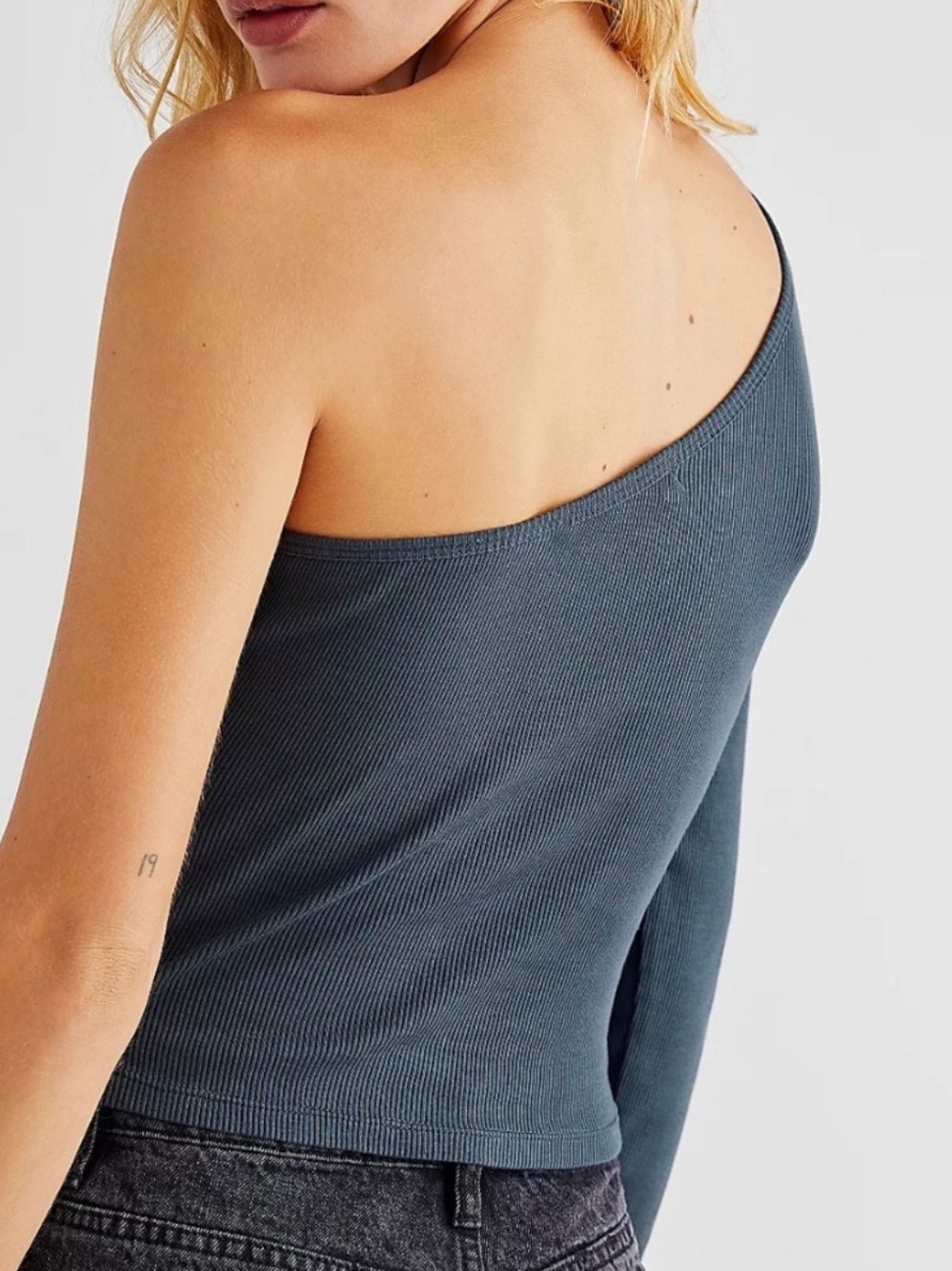 Free People One-Shoulder Black Floral Ribbed Crop Top with Multicolor Lily - Picture 2 of 3